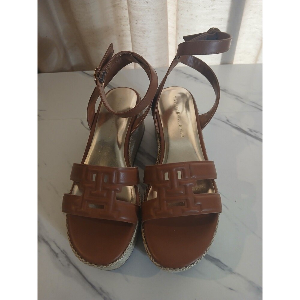 Tommy Hilfiger Vastie Raffia Platform Wedge Sandals Brown Women US 8M